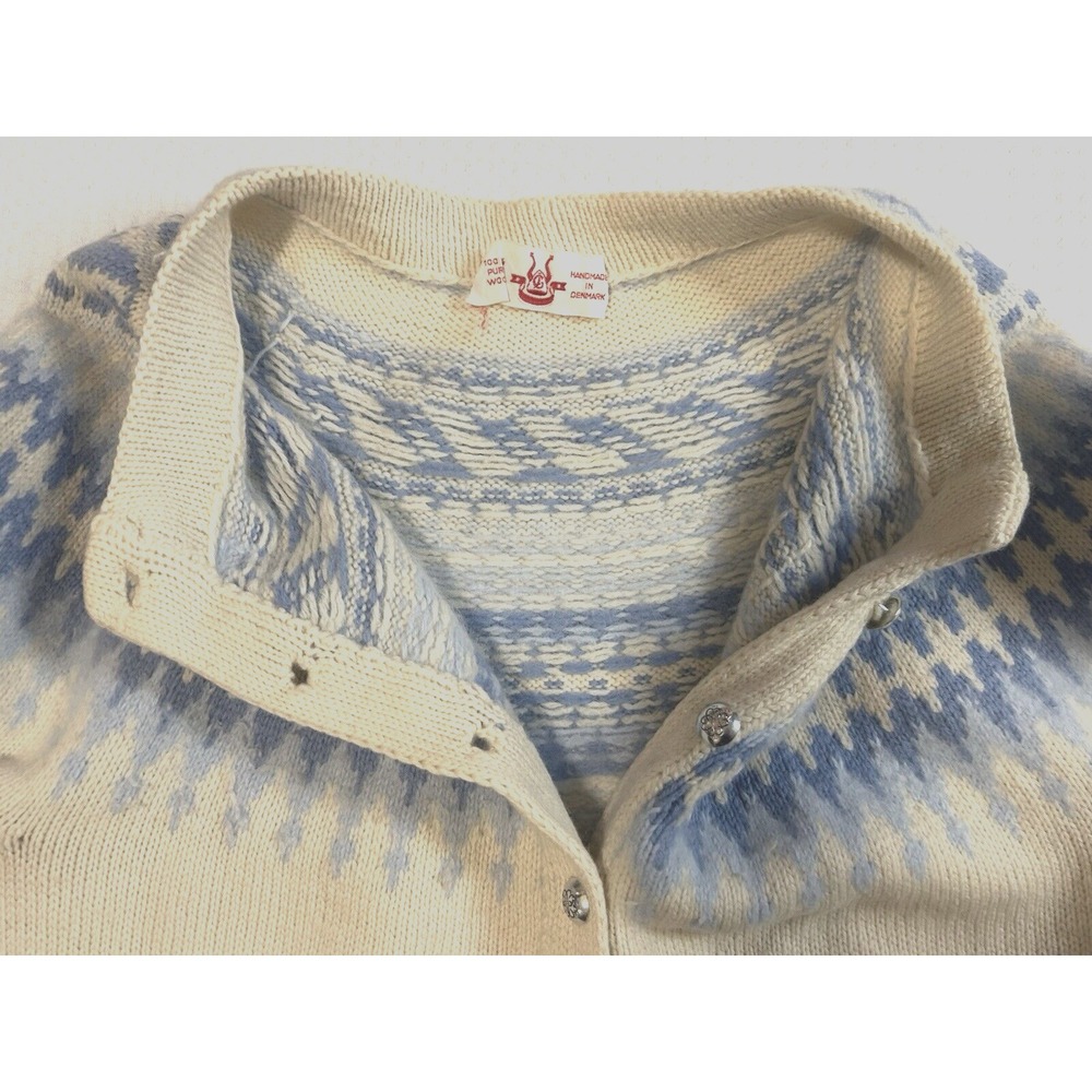 Handmade in Denmark‎ Wool XS (32" Chest) Fair Isle Cardigan Cream Blue Vintage - Picture 15 of 16